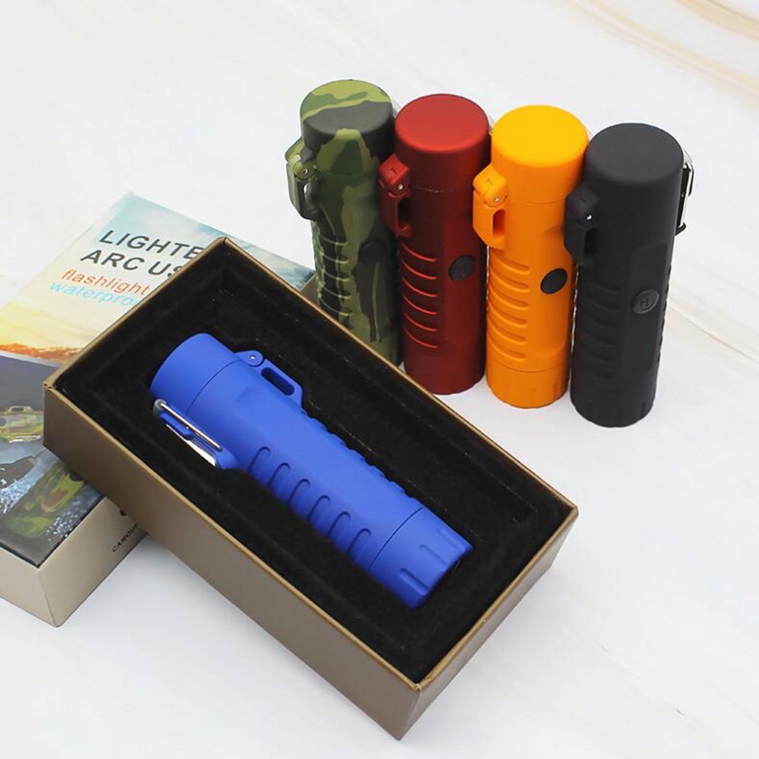Blue Tactical Waterproof Dual Arc Lighter with LED Tri-Phase Flashlight