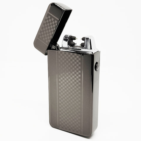 USB Rechargeable Pewter Chequered Dual Plasma Arc Lighter with Side Button